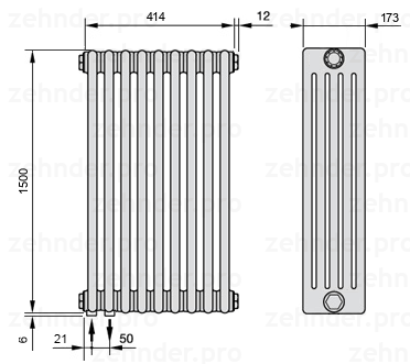 Схема (чертеж) Радиатор Zehnder Charleston 5150/9 №3370 Белый глянцевый RAL 9016